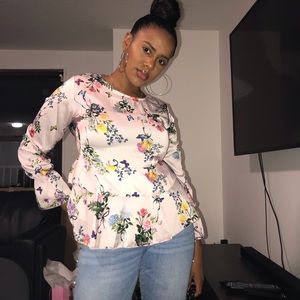 Pale Pink Satin Floral Print Peplum Blouse